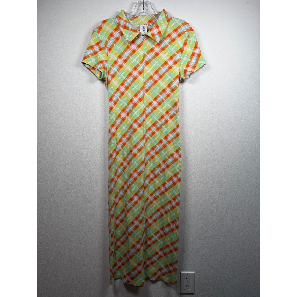 Collusion Multi Color Plaid Zip Front Ribbed Maxi Dress Retro Mod Y2K Size 12